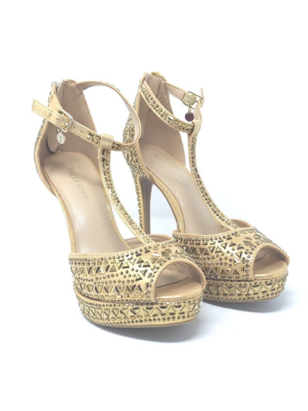 New Thalia Sodi Chacey Gold Embellished T-Strap Platform Sandals Women’s 7W